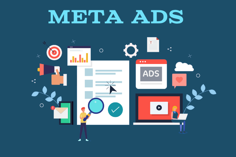 Colorful illustration of digital advertising components including targets, charts, and devices, labeled 'META ADS', highlighting various aspects of online marketing campaigns.