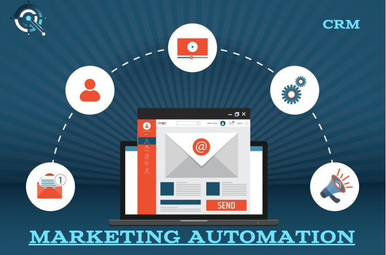 Conceptual graphic of marketing automation featuring a central laptop display with icons symbolizing CRM connections, client profiles, email campaigns, and performance analytics, set against a blue background with the text 'MARKETING AUTOMATION' prominently displayed.