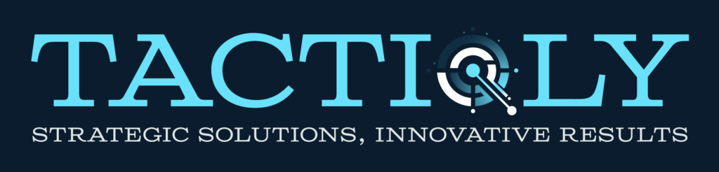 TACTIQLY's primary logo featuring the tagline 'Strategic Solutions, Innovative Results' with a stylized 'Q' icon resembling a target, set against a dark blue background.