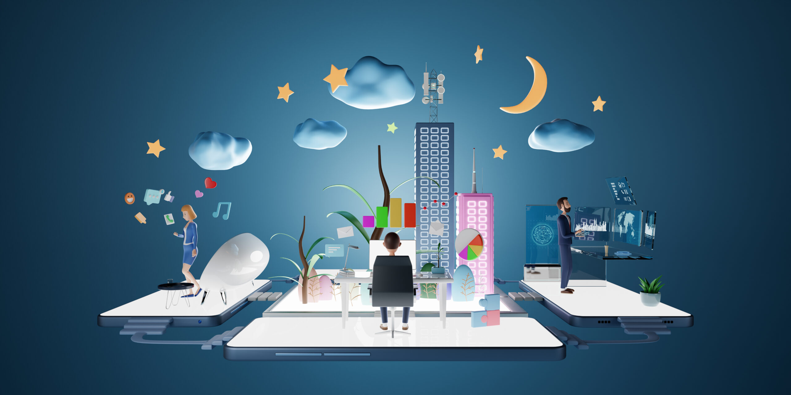 Illustration of a modern digital workspace, featuring professionals engaged on various tech platforms represented as giant smartphones. The scene includes icons for social media, analytics, and cloud services floating above a cityscape backdrop, symbolizing the integration of technology in everyday business.