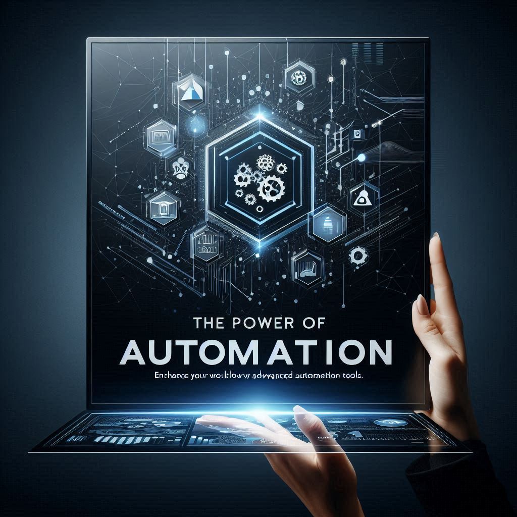 An intricate display of advanced automation technology, showcasing a hexagonal central hub surrounded by various high-tech icons representing automation tools, all illuminated by a digital network in a futuristic interface. A hand interacts with the digital panel, emphasizing the empowerment through advanced automation.