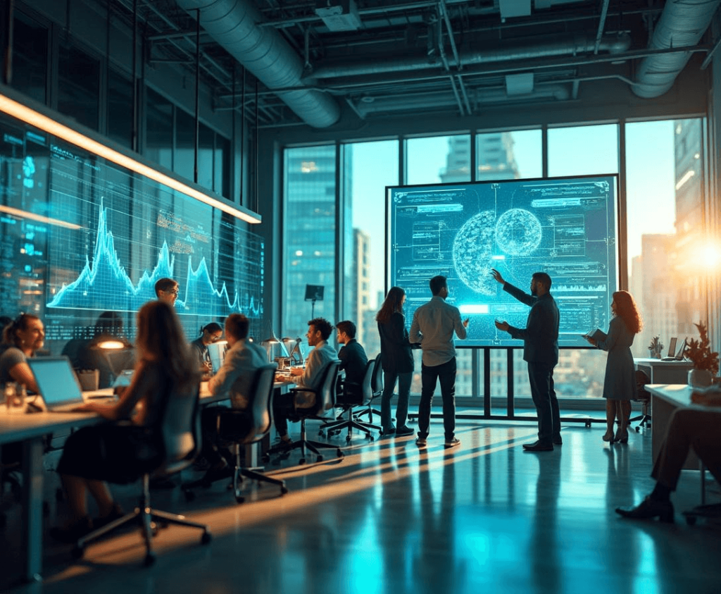 Dynamic office scene depicting a diverse team of professionals engaging with a large digital data display in a modern workspace. The display shows complex analytics and graphs, highlighting a tech-driven environment with the cityscape glowing in the background during sunset.